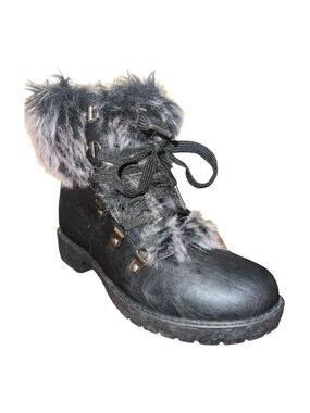 Wanted Black Faux Fur Trim Combat Boots Size 7 New Chunky Lace Up Y2K